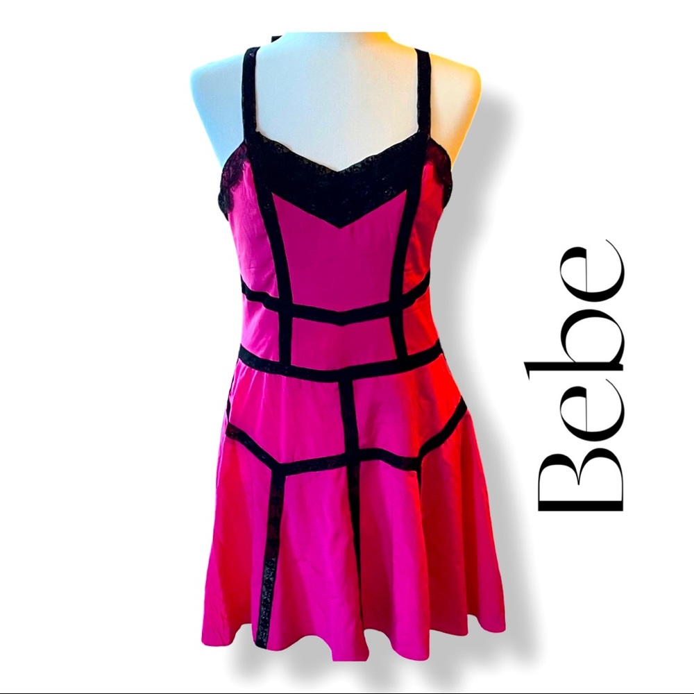 Bebe Hot Pink Dress with Black Lace Trim Fit and Flare Dress